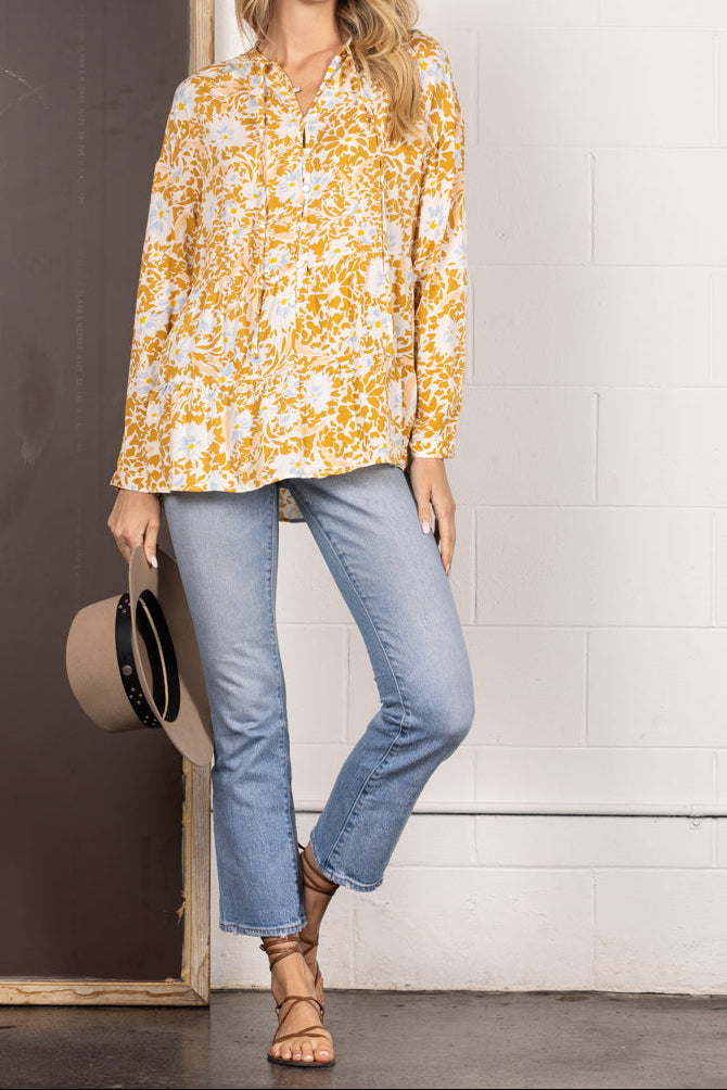 MUSTARD FLORAL PRINT BUTTON DOWN LONG SLEEVES TOP IT31529A