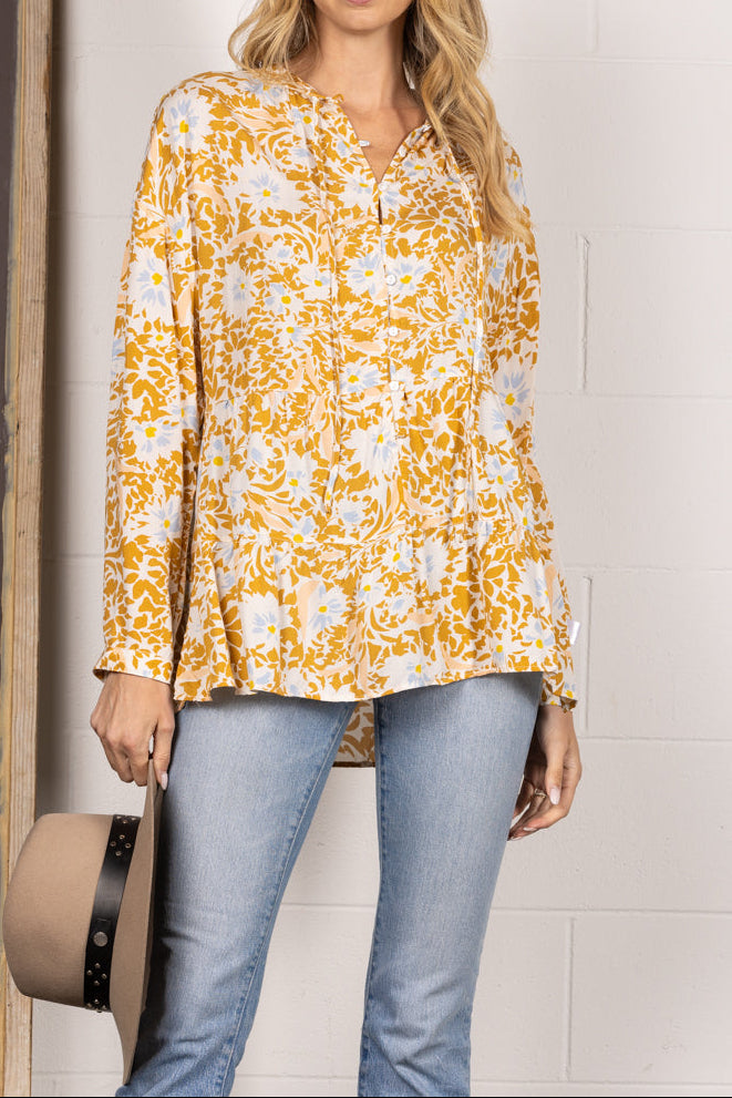MUSTARD FLORAL PRINT BUTTON DOWN LONG SLEEVES TOP IT31529A
