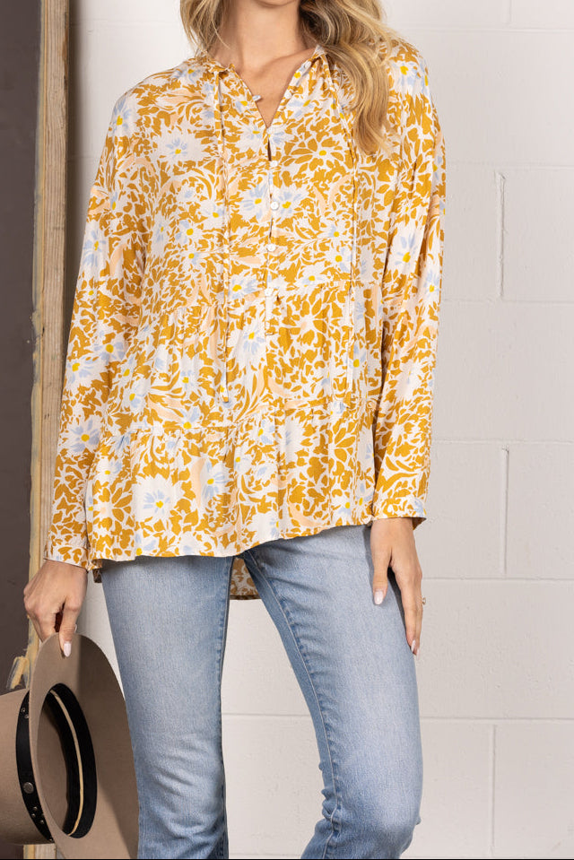 MUSTARD FLORAL PRINT BUTTON DOWN LONG SLEEVES TOP IT31529A