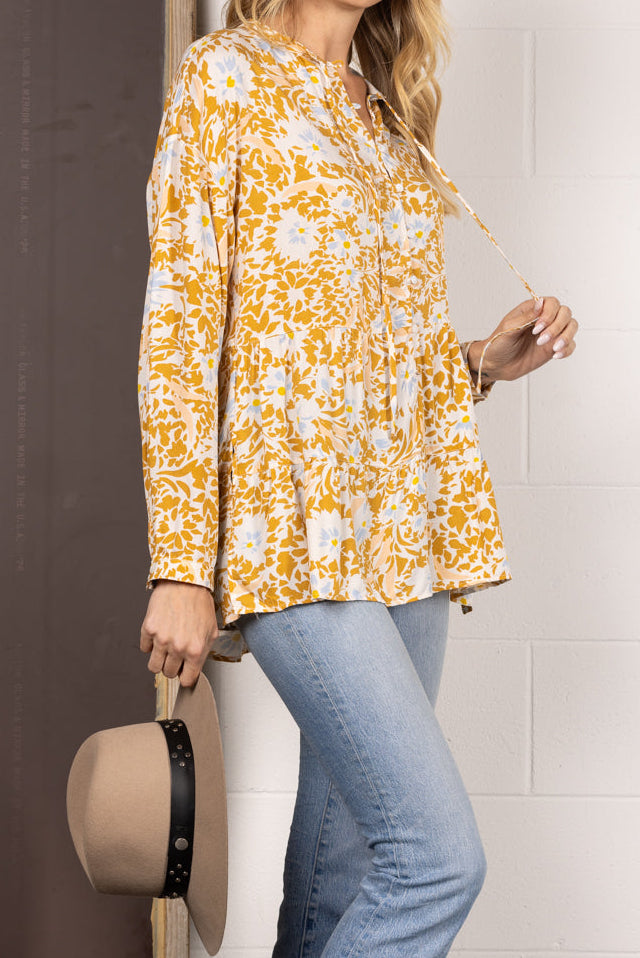 MUSTARD FLORAL PRINT BUTTON DOWN LONG SLEEVES TOP IT31529A