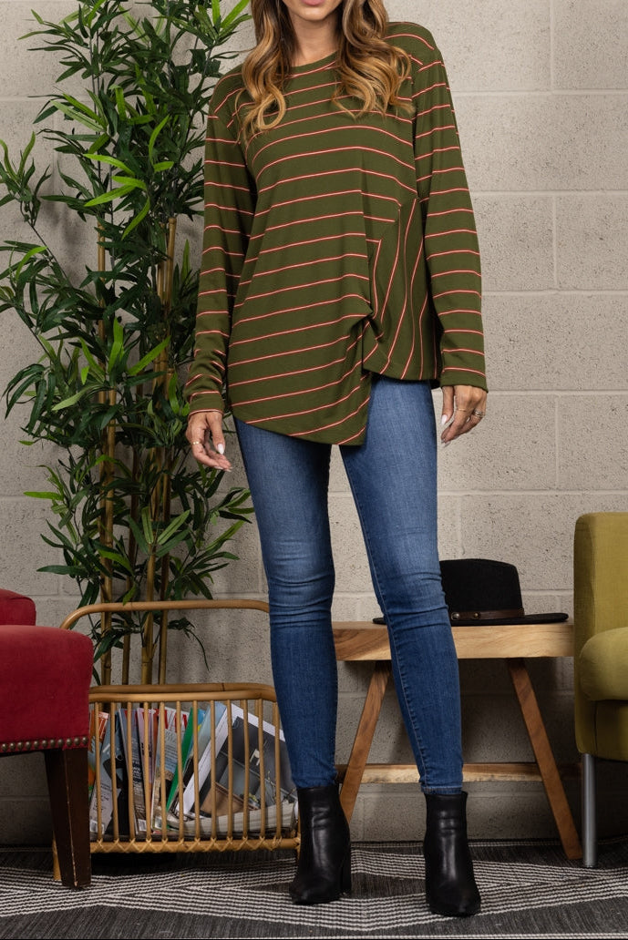 Asymmetric Front Knot Striped Long-Sleeve Top｜Relaxed Fit｜Soft & Easy Everyday Style