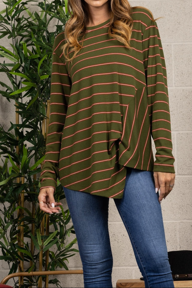 Asymmetric Front Knot Striped Long-Sleeve Top｜Relaxed Fit｜Soft & Easy Everyday Style