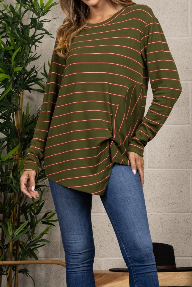Asymmetric Front Knot Striped Long-Sleeve Top｜Relaxed Fit｜Soft & Easy Everyday Style