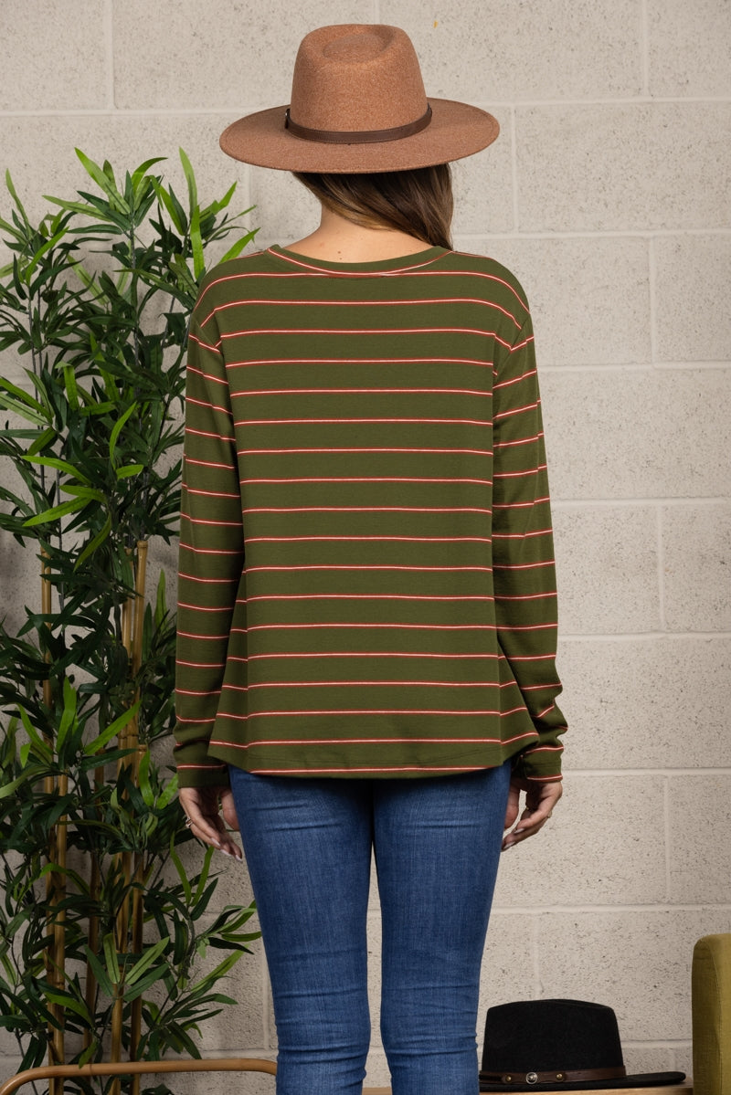 Asymmetric Front Knot Striped Long-Sleeve Top｜Relaxed Fit｜Soft & Easy Everyday Style
