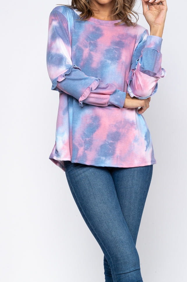 Ruffle-Trim Tie-Dye Style Long-Sleeve Top｜Soft & Comfy｜Relaxed Casual Fit