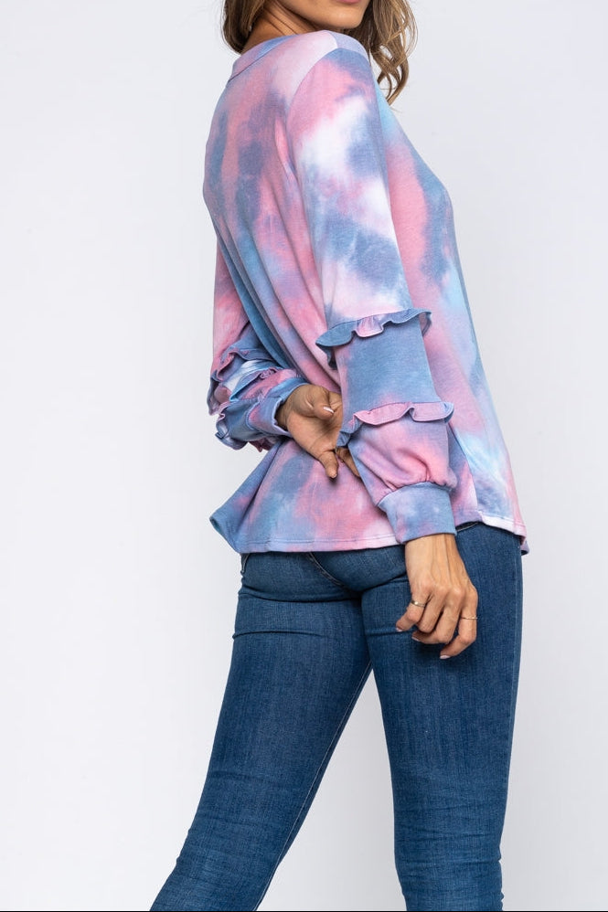 Ruffle-Trim Tie-Dye Style Long-Sleeve Top｜Soft & Comfy｜Relaxed Casual Fit