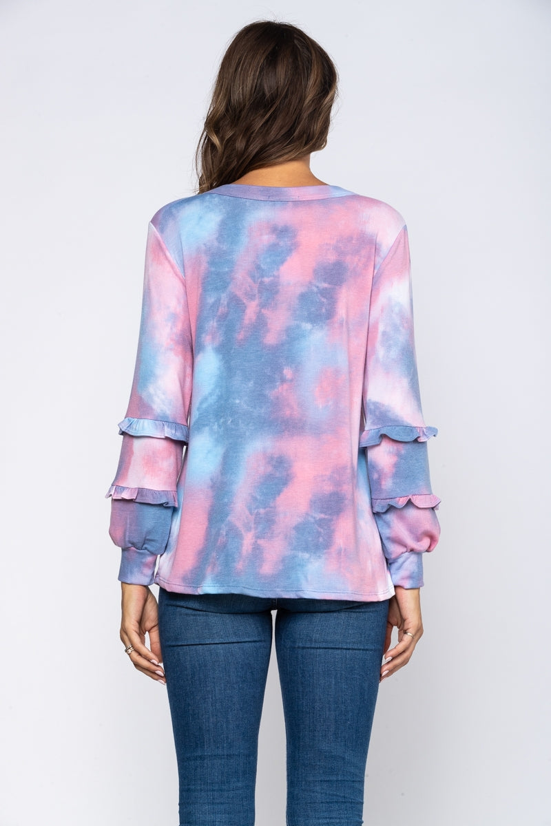 Ruffle-Trim Tie-Dye Style Long-Sleeve Top｜Soft & Comfy｜Relaxed Casual Fit