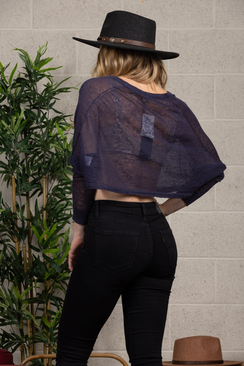 Sheer Loose Fit Cropped Long Sleeve Casual Top