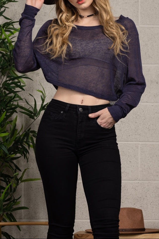 Sheer Loose Fit Cropped Long Sleeve Casual Top