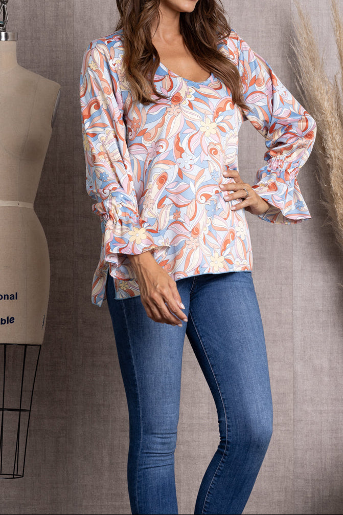 Vintage Floral Print V-Neck Relaxed Long Sleeve Blouse