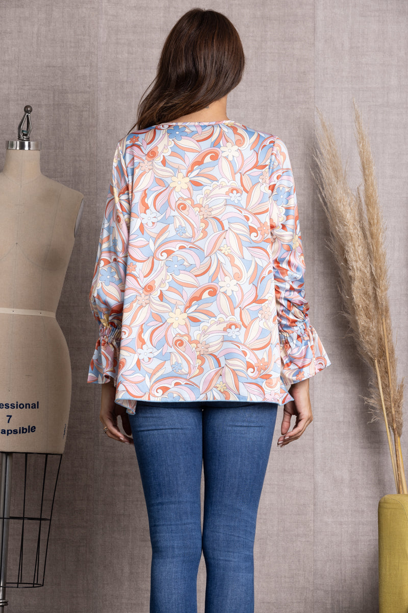 Vintage Floral Print V-Neck Relaxed Long Sleeve Blouse