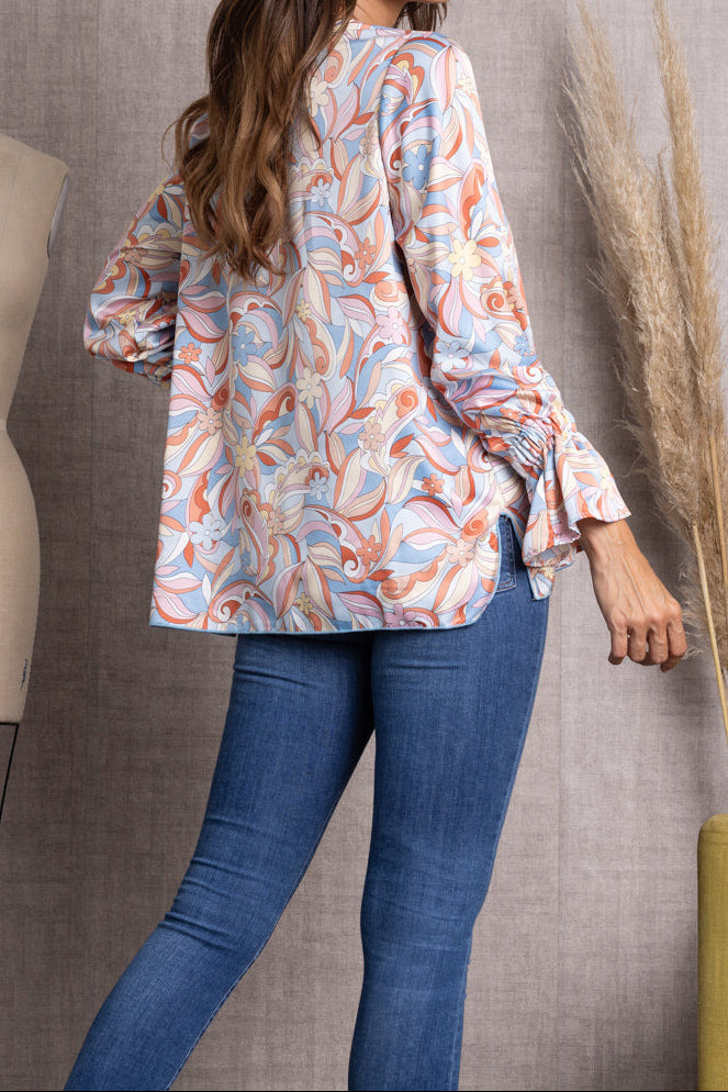 Vintage Floral Print V-Neck Relaxed Long Sleeve Blouse