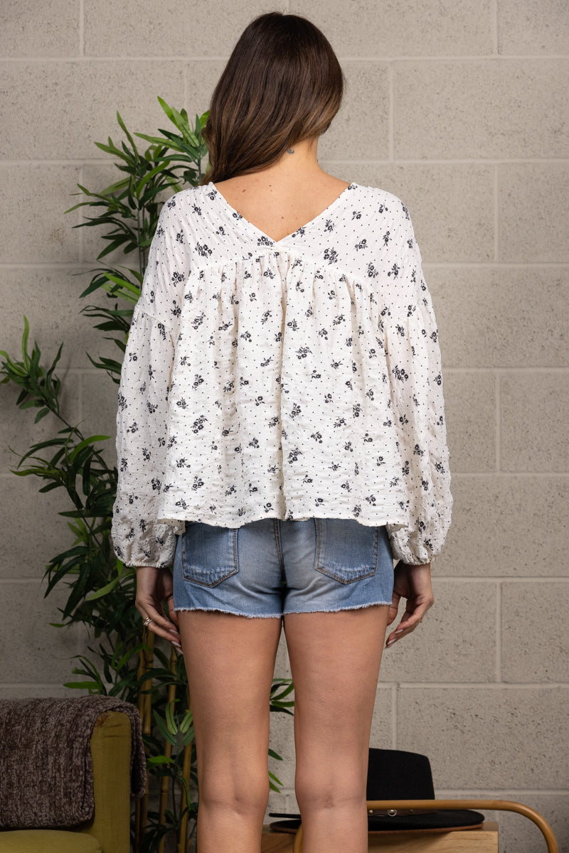 V-Neck Floral Pleated Loose Fit Long Sleeve Blouse
