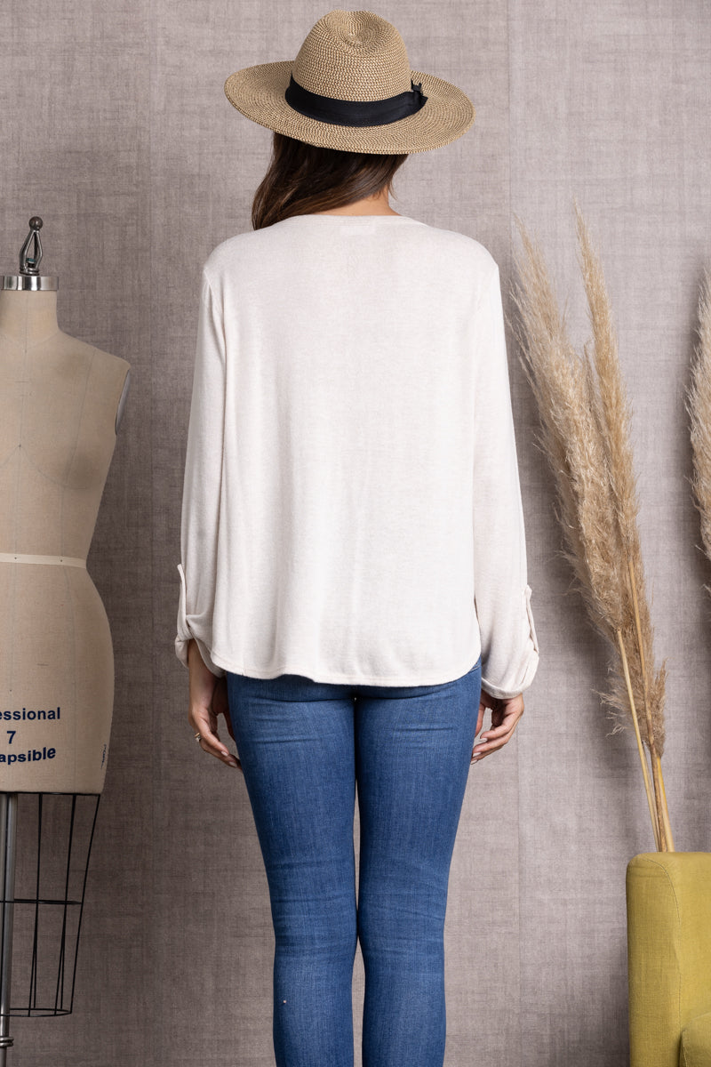 V-Neck Button-Front Relaxed Long Sleeve Top